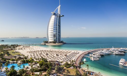 Marina and beach view fo the Burj Al Arab hotel in Dubai